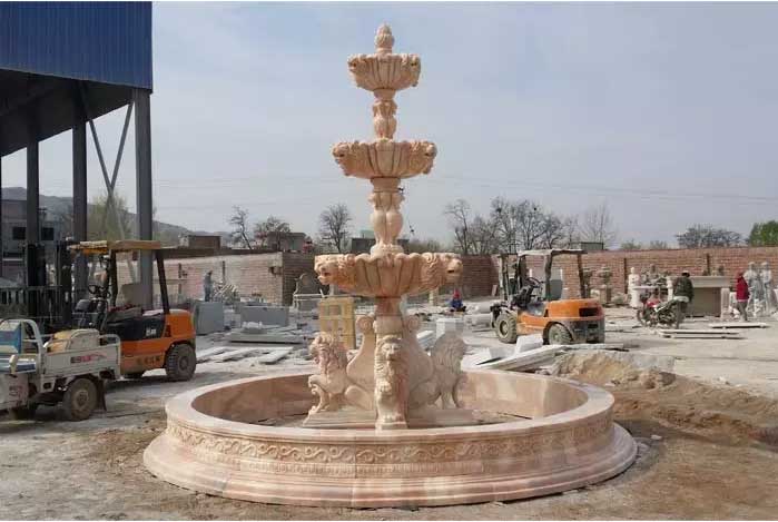 Outdoor Large 3 Tiers Stone Fountains With Four Sitting Lion Sculptures