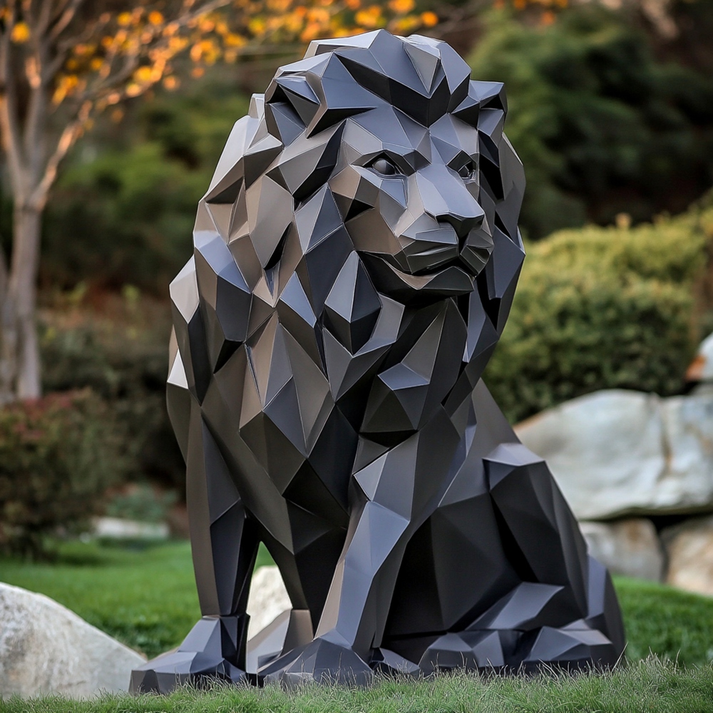 outdoor black geometric lion sculpture