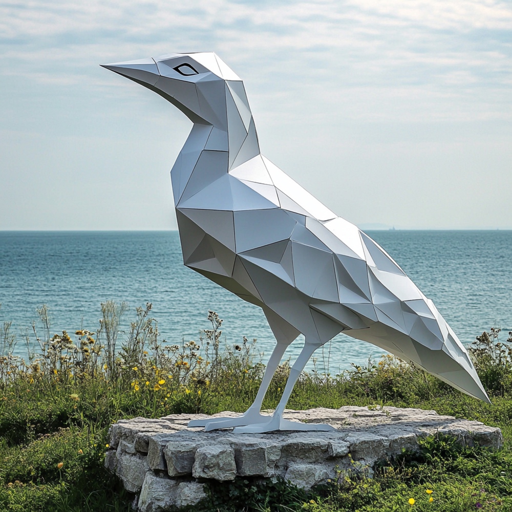 white geometric bird sculpture