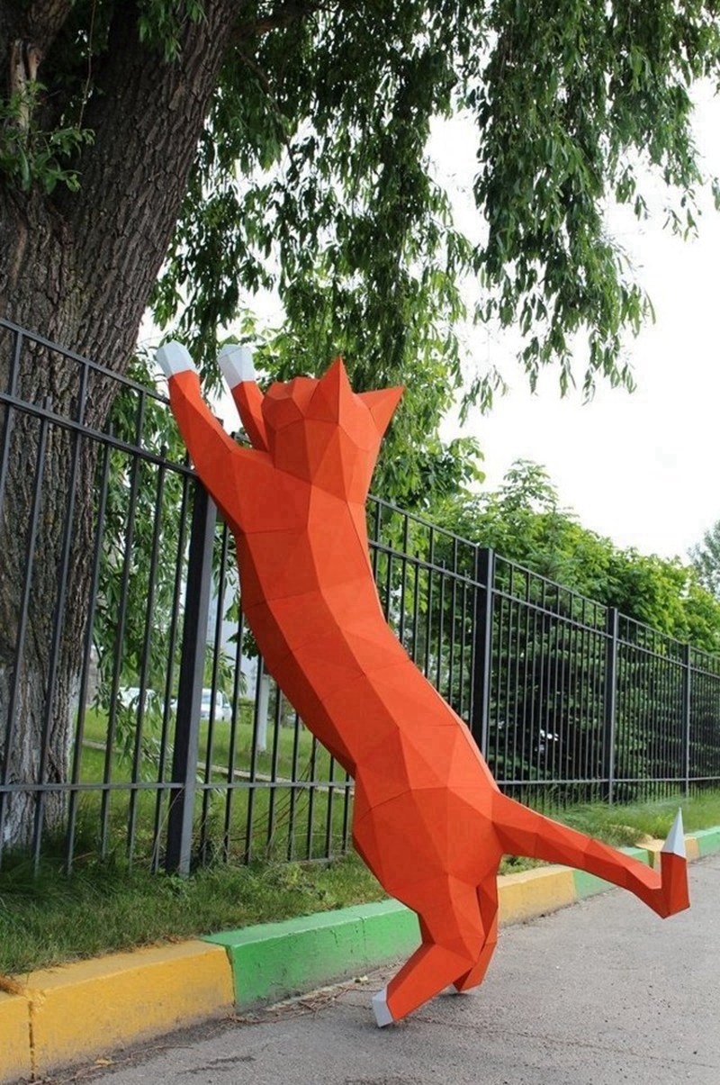 Red Metal Geometric Cat Sculpture