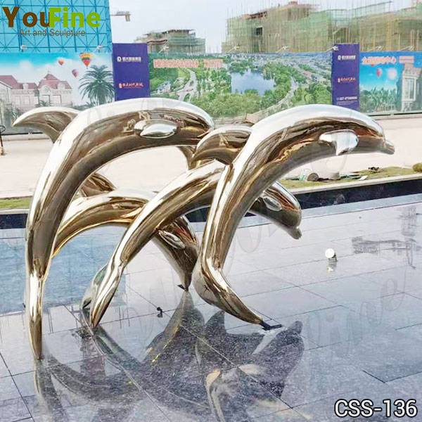 Large Golden Stainless Steel Dolphin Sculptures for Sale