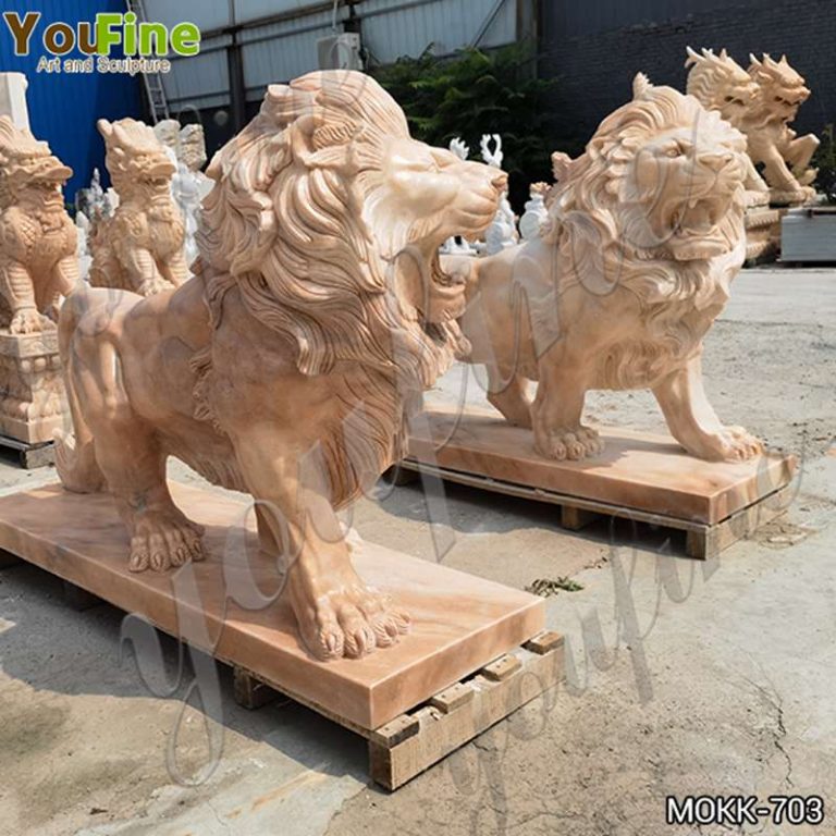 beige marble lion statues for front porch-YouFine Sculpture